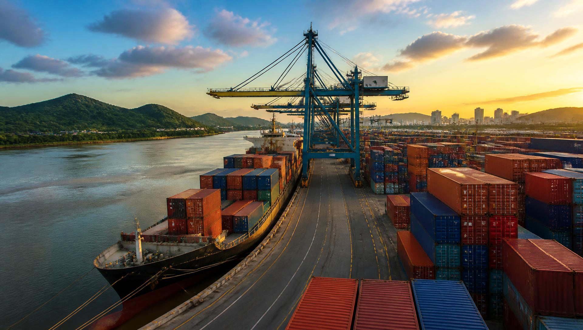 Vista aérea do porto de Itajaí com navios e contêineres